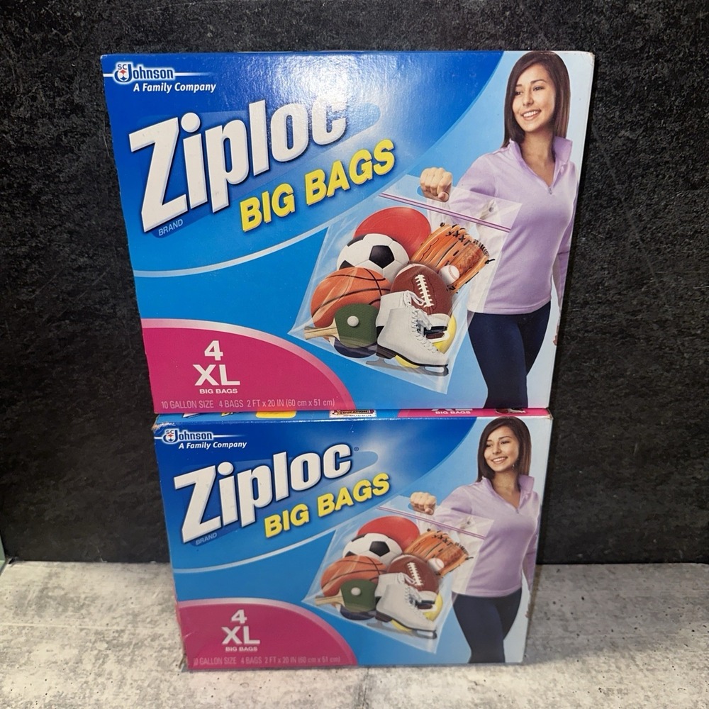 2 Boxes Ziploc Brand Big Bags 4 XL Big Bags 10 Gallon Size BRAND NEW Sealed Box